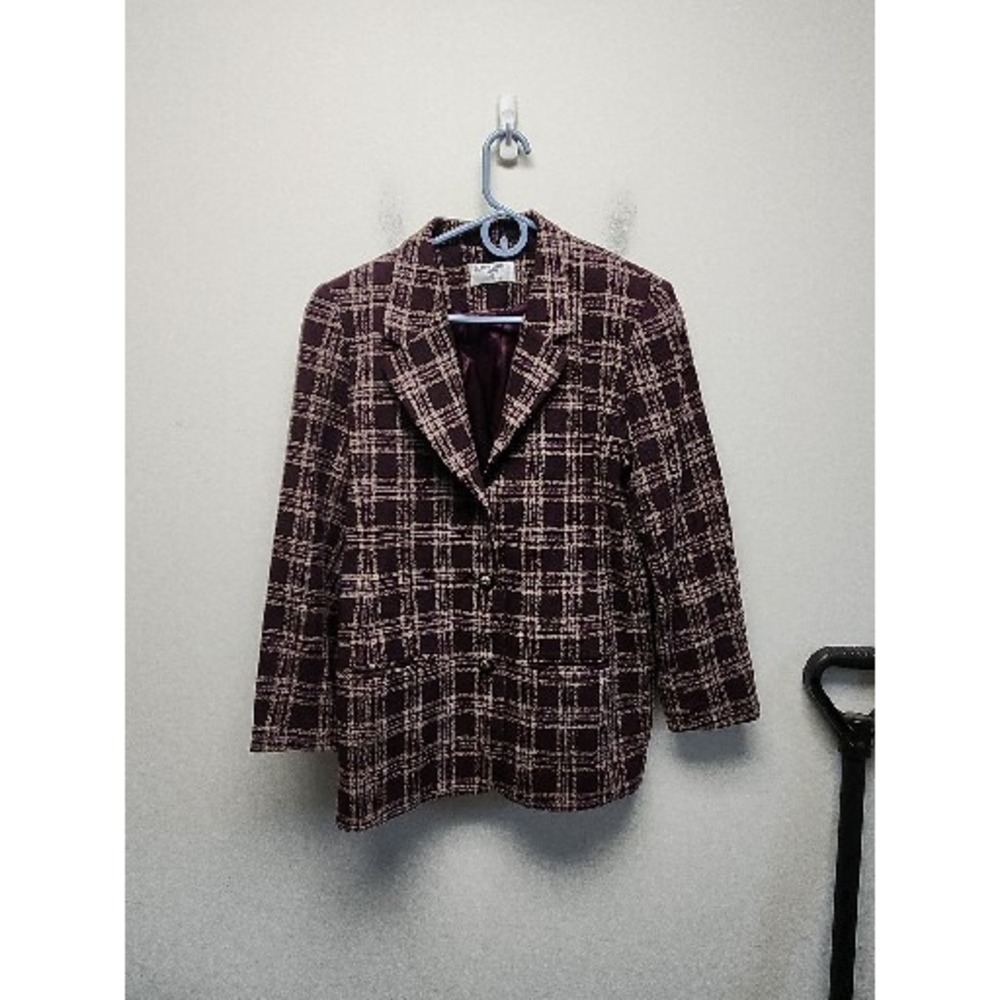 Alfred Dunner Wool Petite Blazer Womens 14P Purple Plaid Tweed Button Pockets